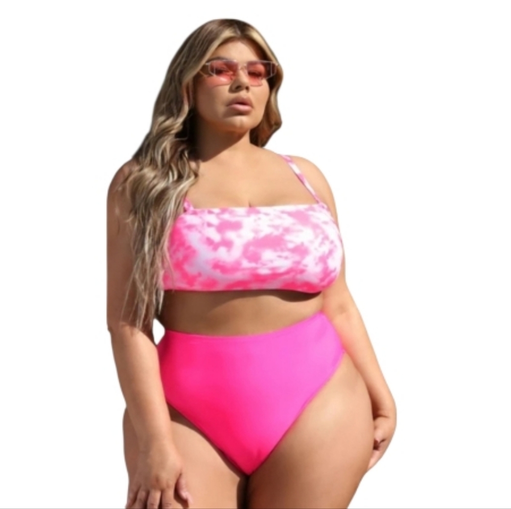 Fashion Nova~ Pink Tie Dye Bandeau Bikini Set NWT 3X